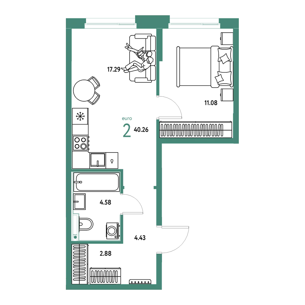 Планировка: Евродвушка 40,26 м²