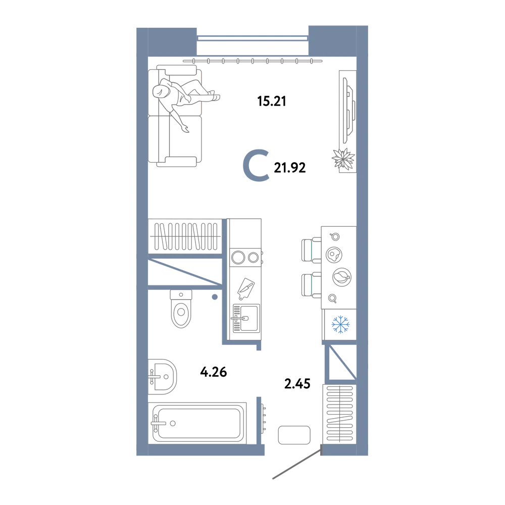 Планировка: Студия 21,92 м²