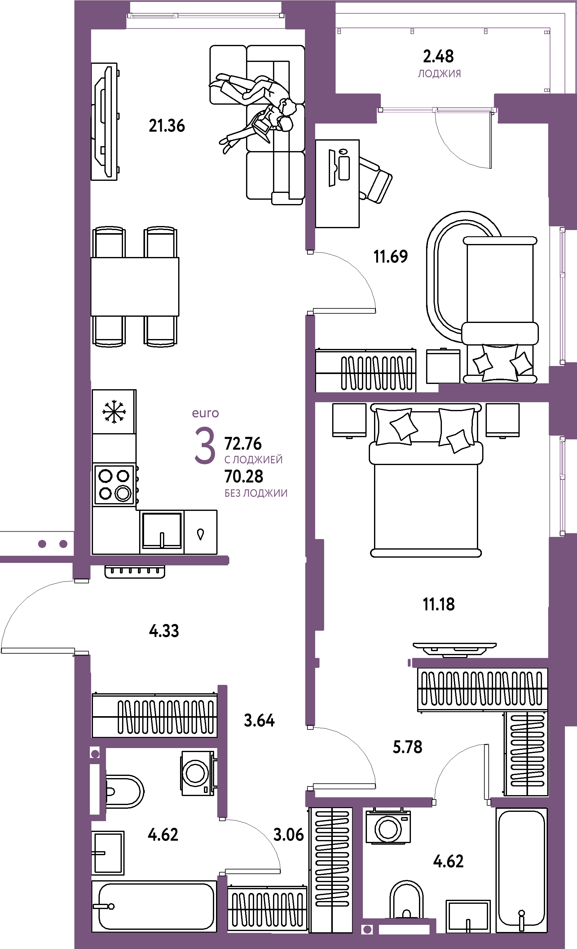 Планировка: Евротрёшка 72,76 м² в ЖК «Страна.Прибрежная»
