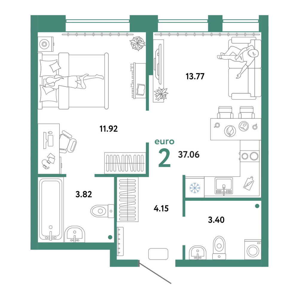 Планировка: Евродвушка 37,06 м²