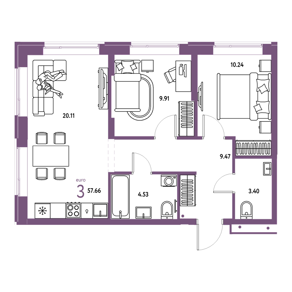 Планировка: Евротрёшка 57,66 м²