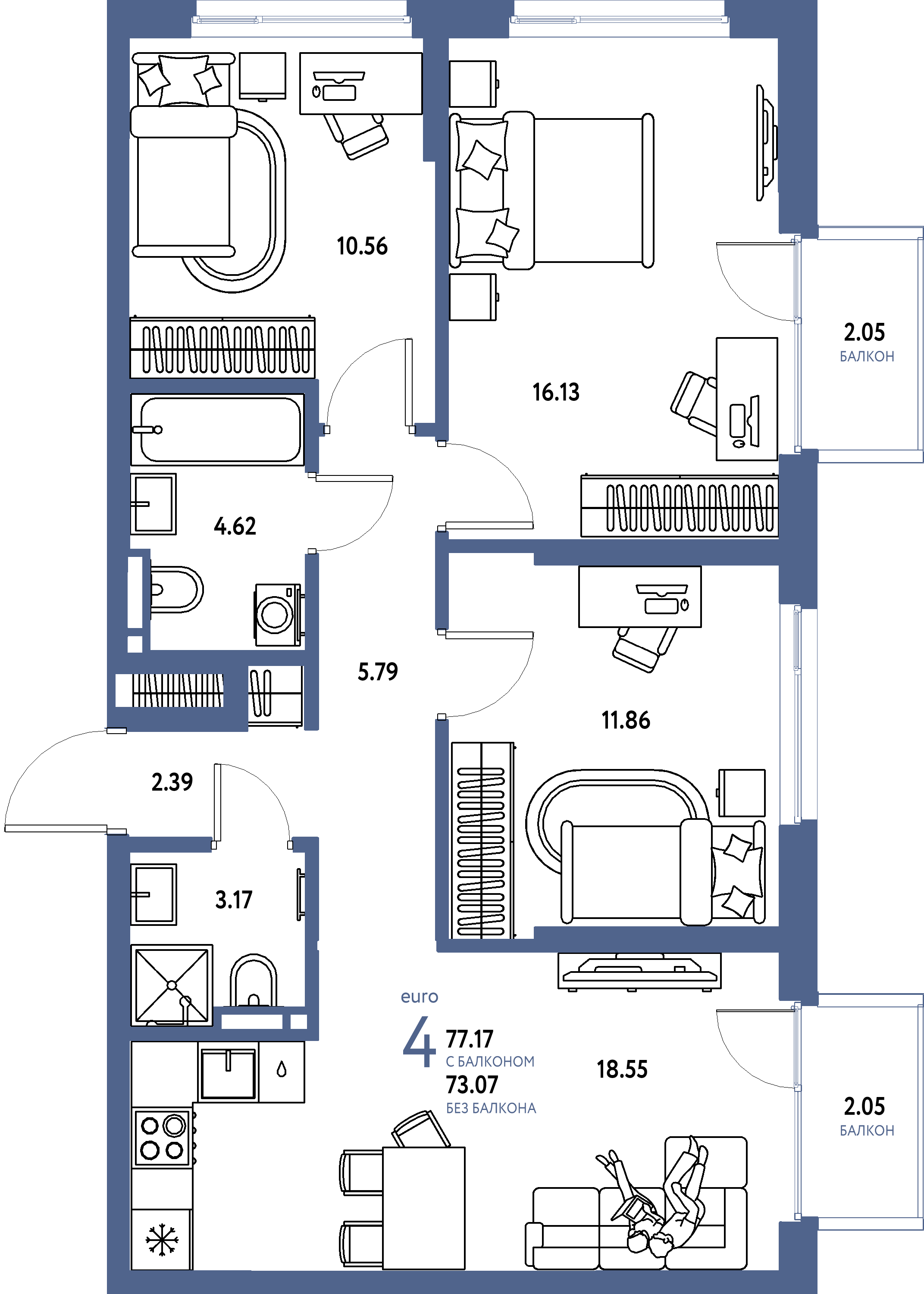 Планировка: Евро-4 77,17 м² в ЖК «Страна.Прибрежная»