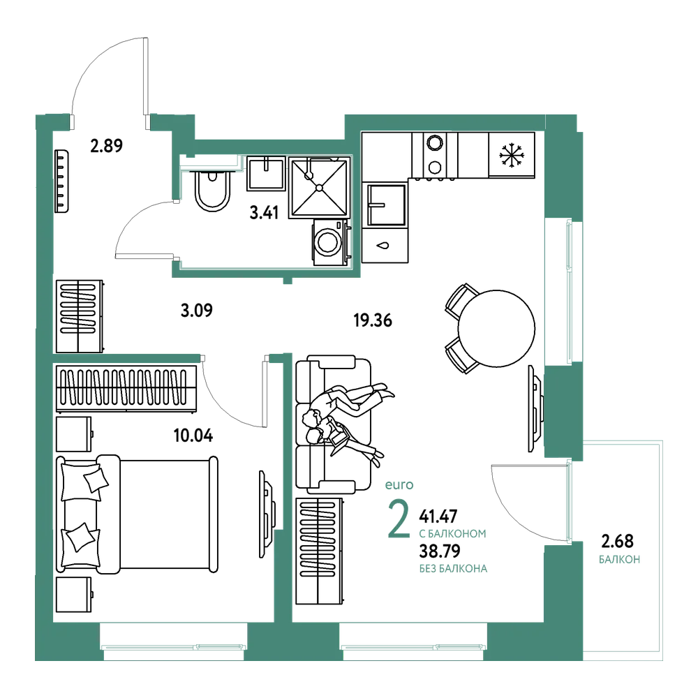 Планировка: Евродвушка 41,47 м²