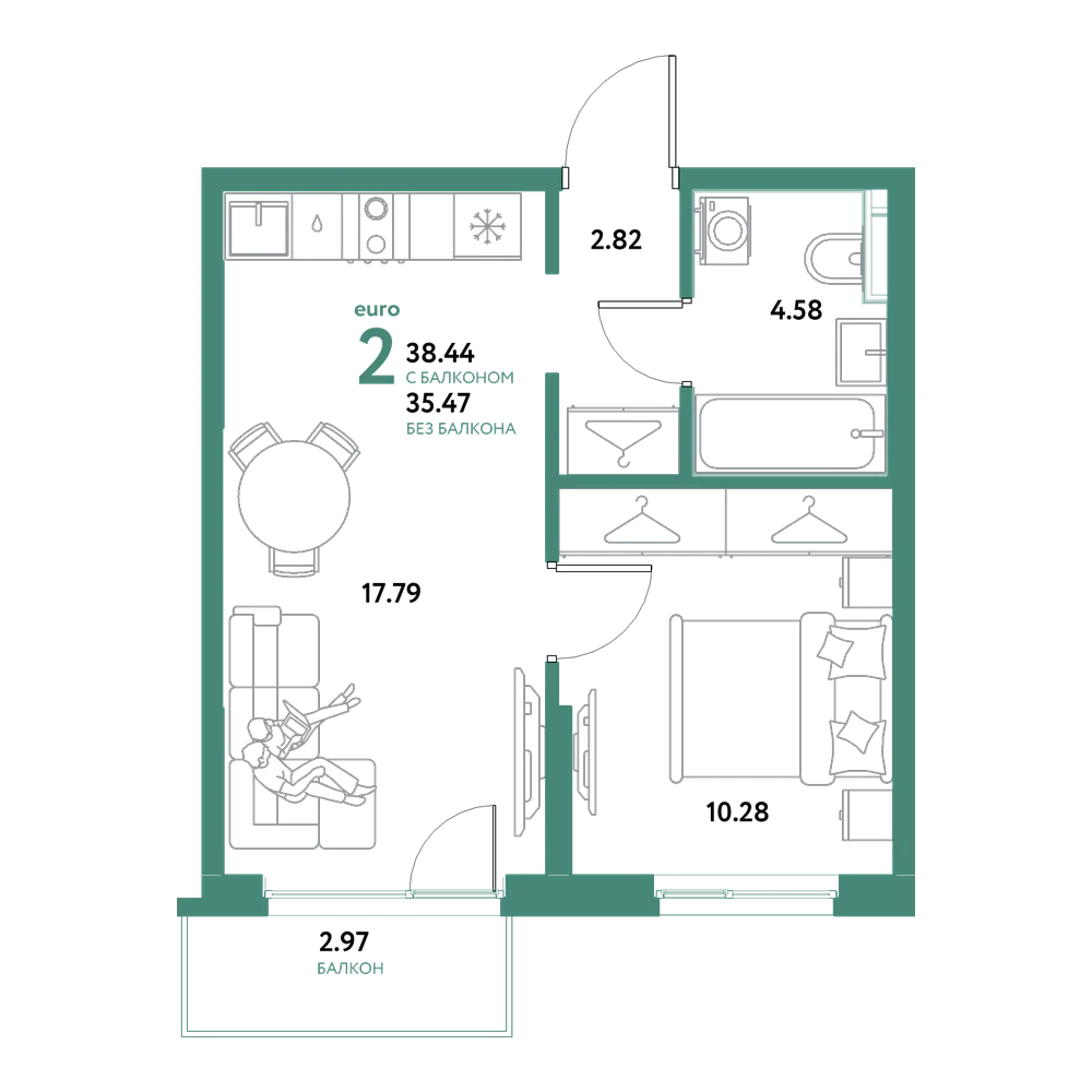 Планировка: Евродвушка 38,44 м²