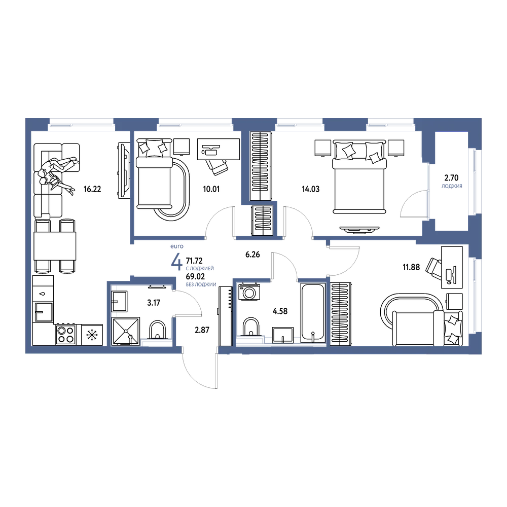 Планировка: Евро-4 71,72 м²