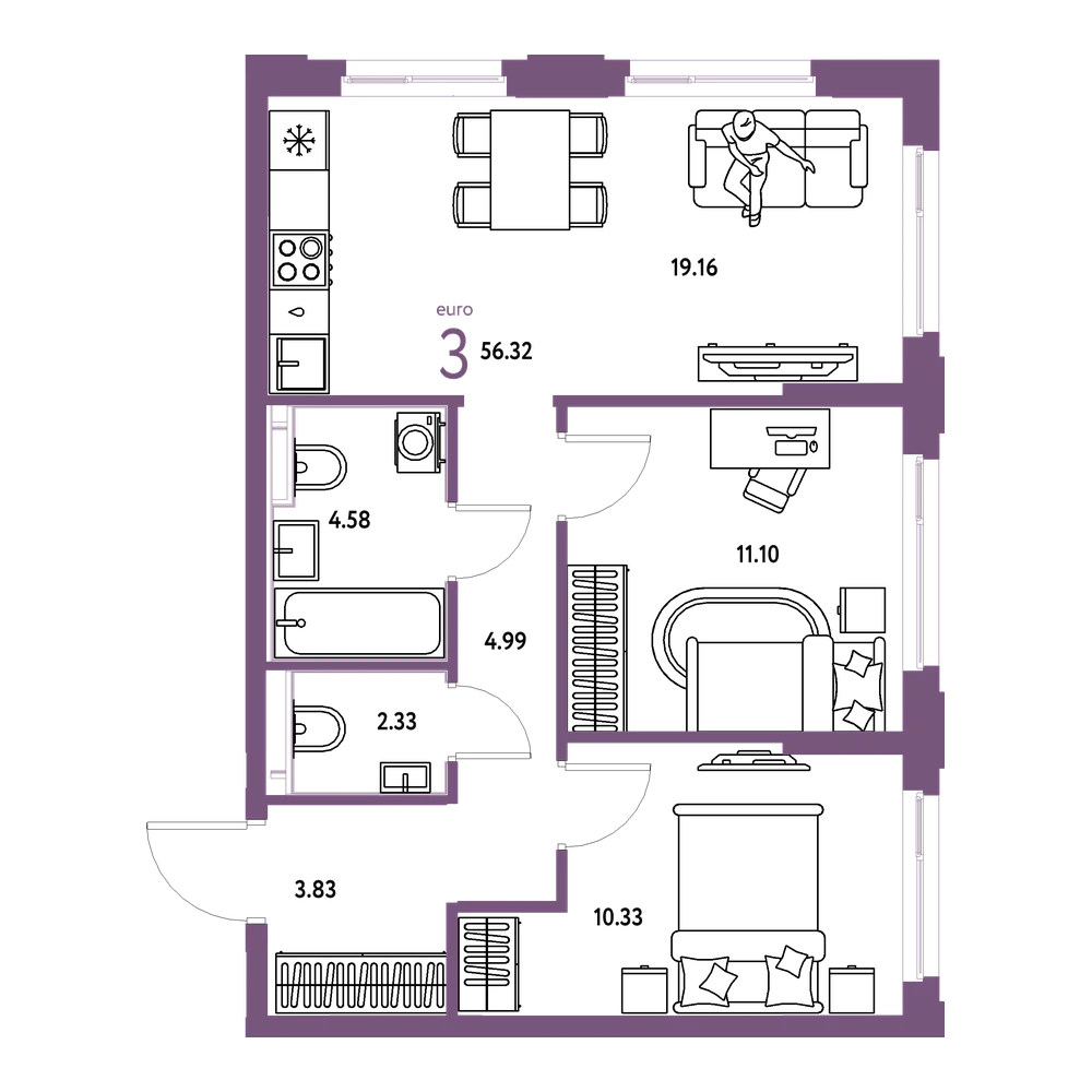 Планировка: Евротрёшка 56,32 м²