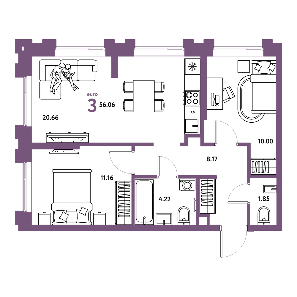 Планировка: Евротрёшка 56,06 м²