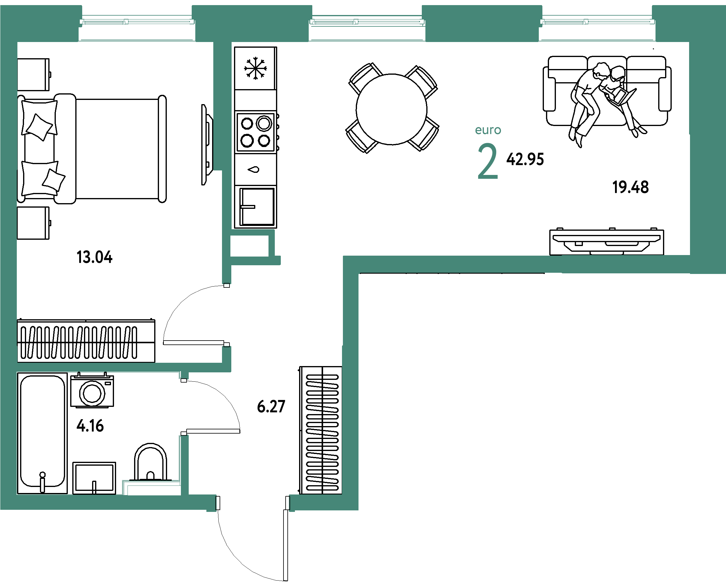 Планировка: Евродвушка 42,97 м² в ЖК «Остров-сад»