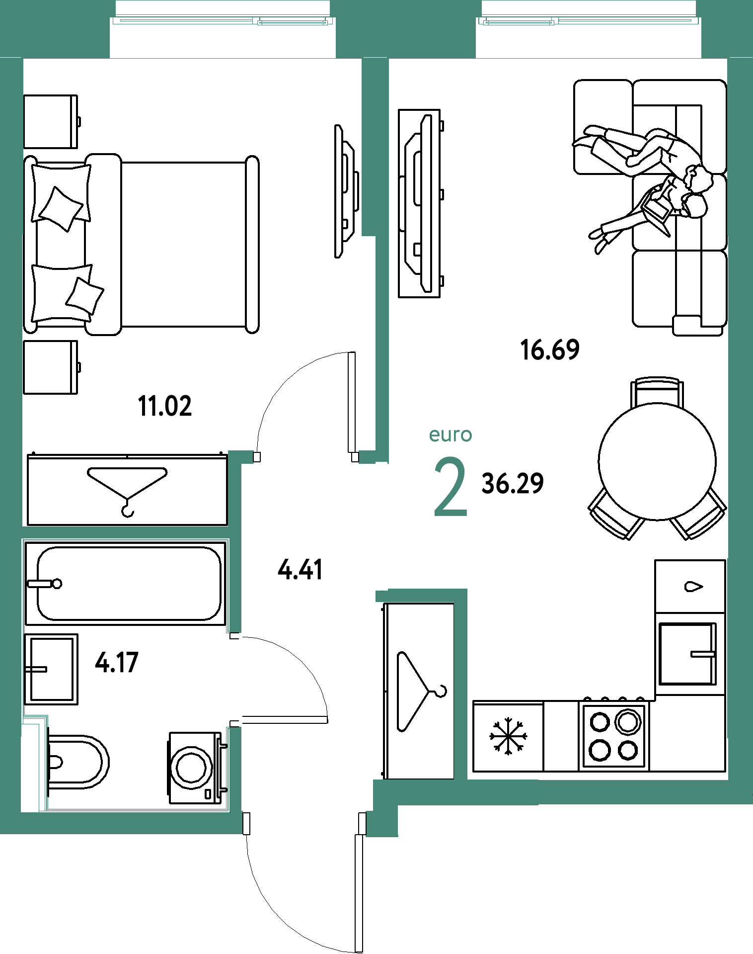 Планировка: Евродвушка 36,29 м² в ЖК «Европейский берег 2.0»
