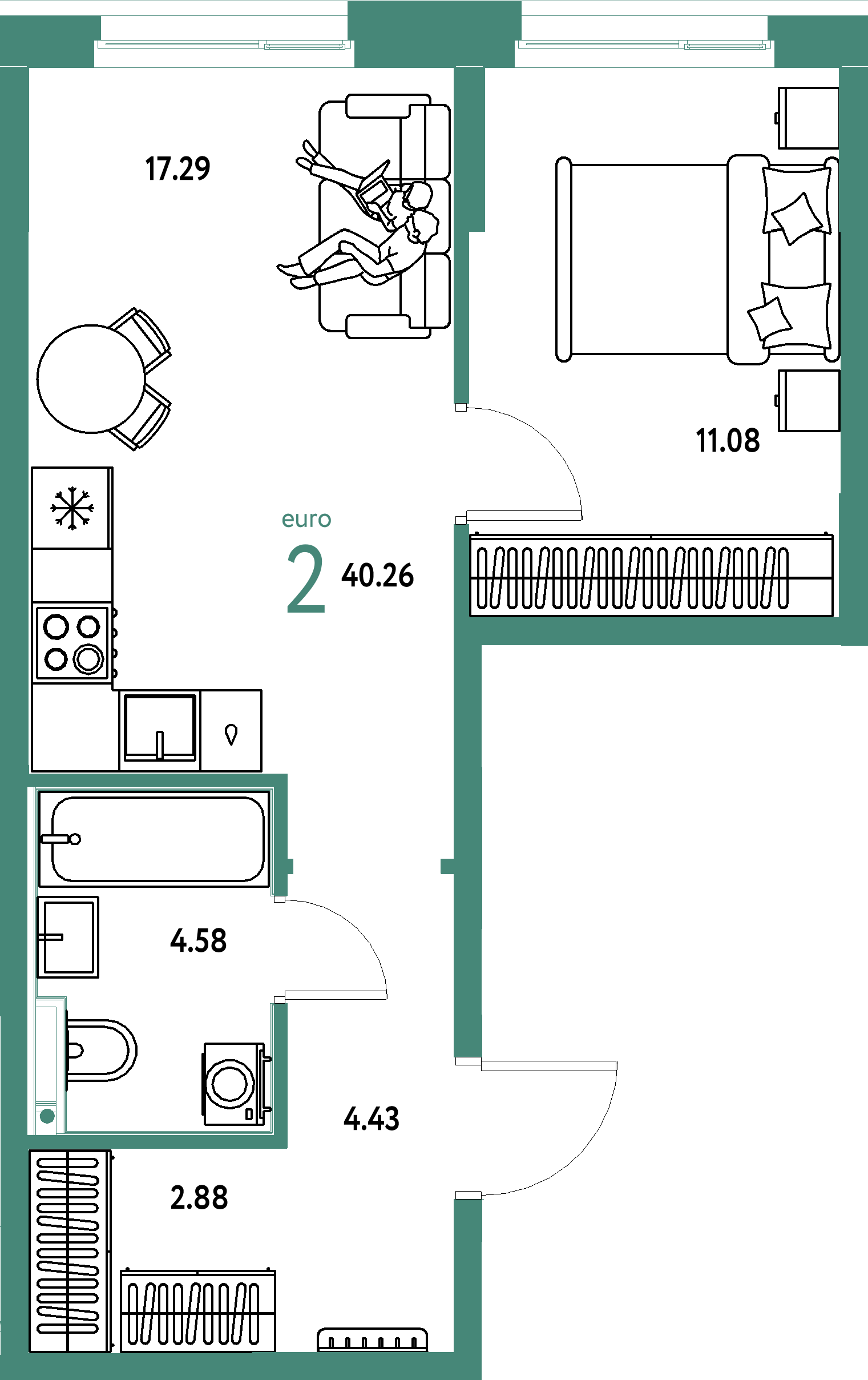 Планировка: Евродвушка 40,26 м² в ЖК «Домашний»