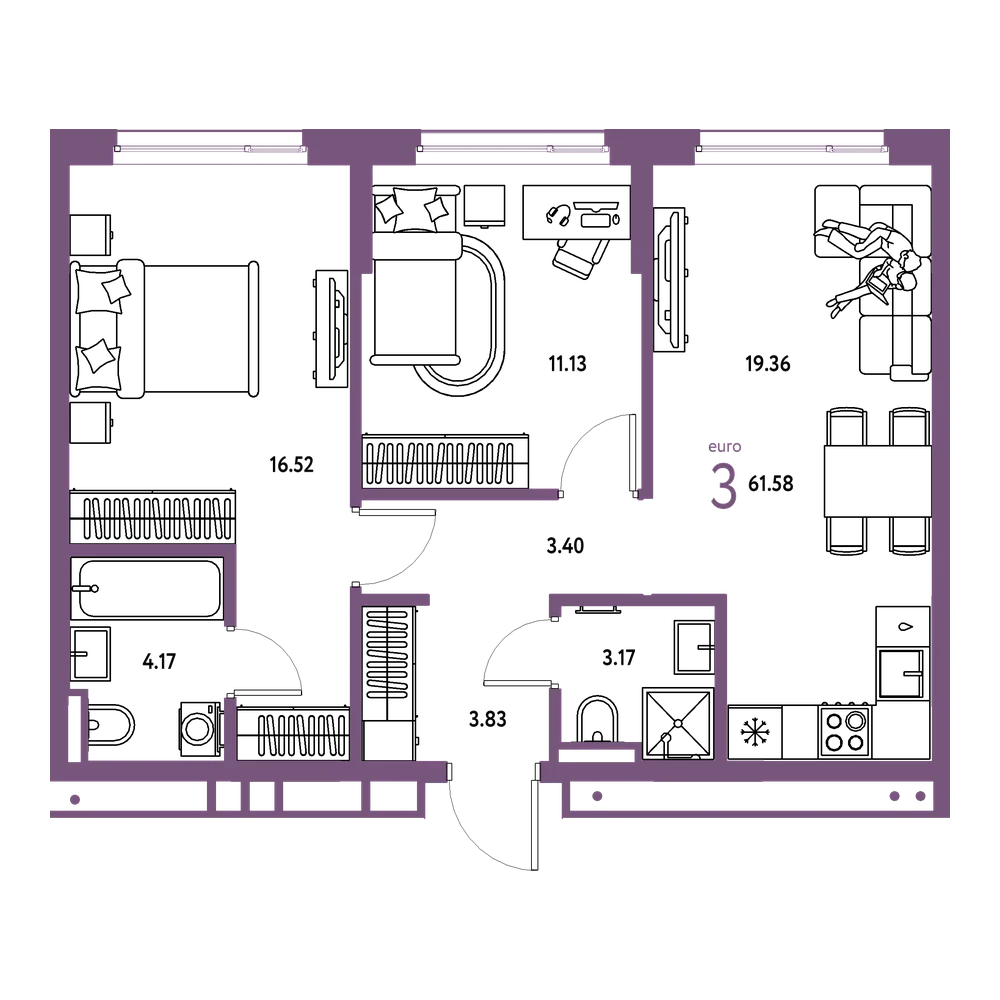 Планировка: Евротрёшка 61,58 м²