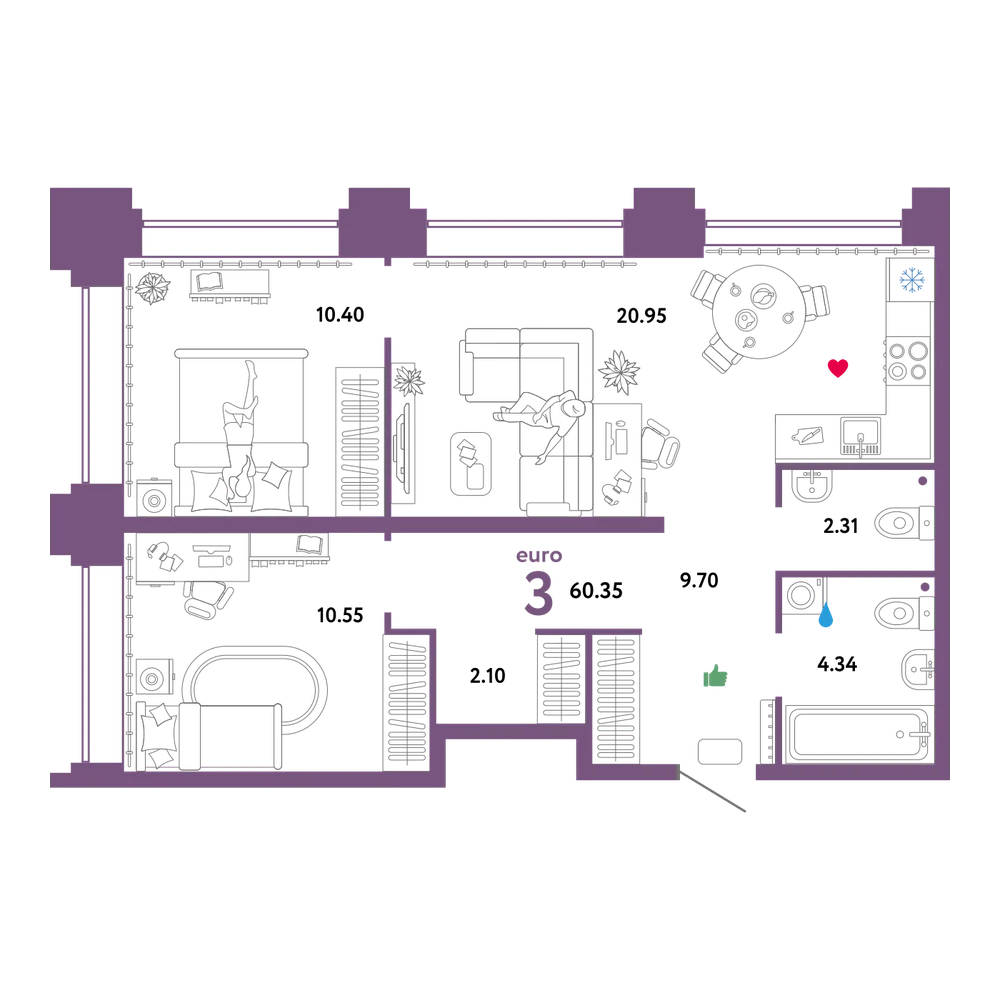 Планировка: Евротрёшка 60,32 м²