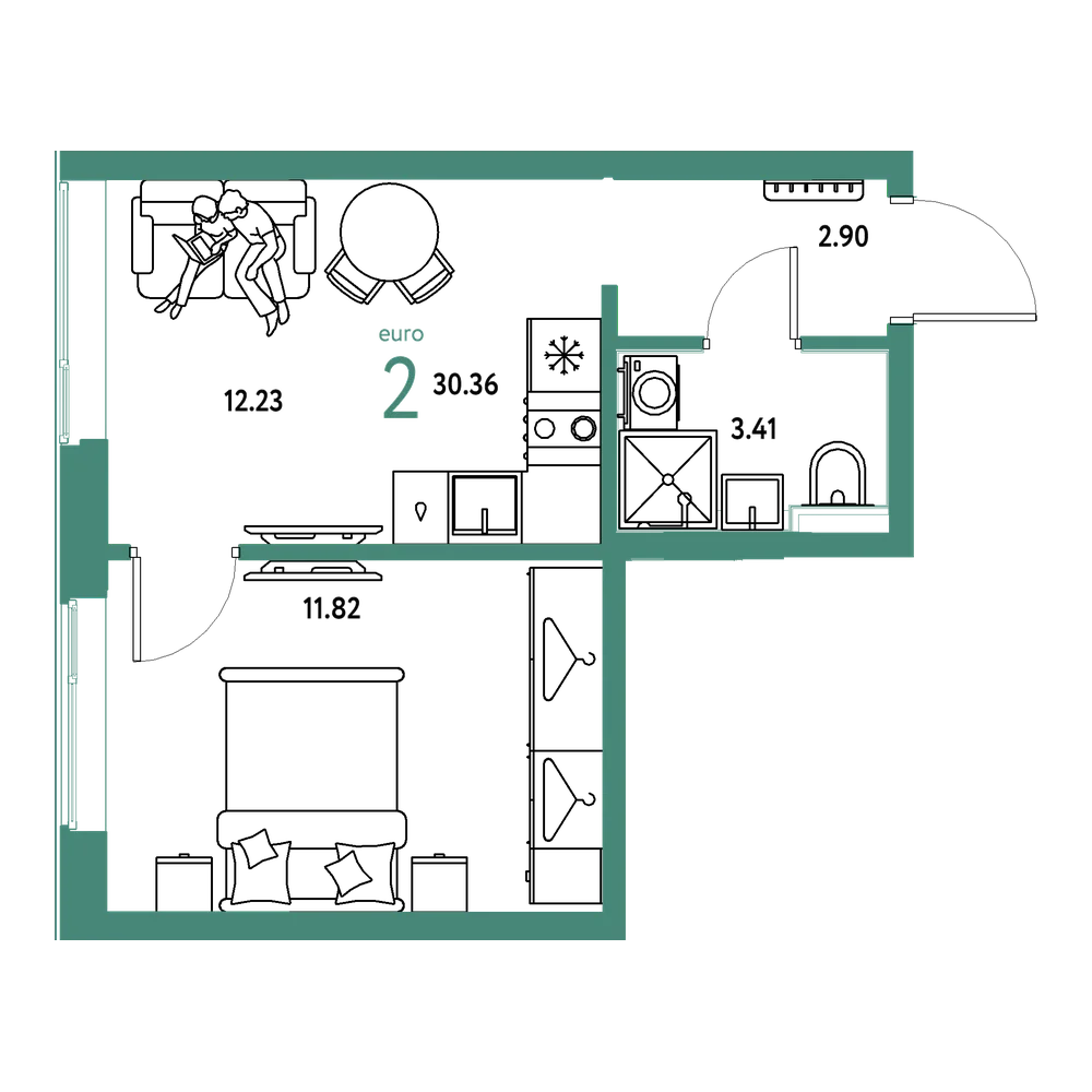 Планировка: Евродвушка 30,36 м²