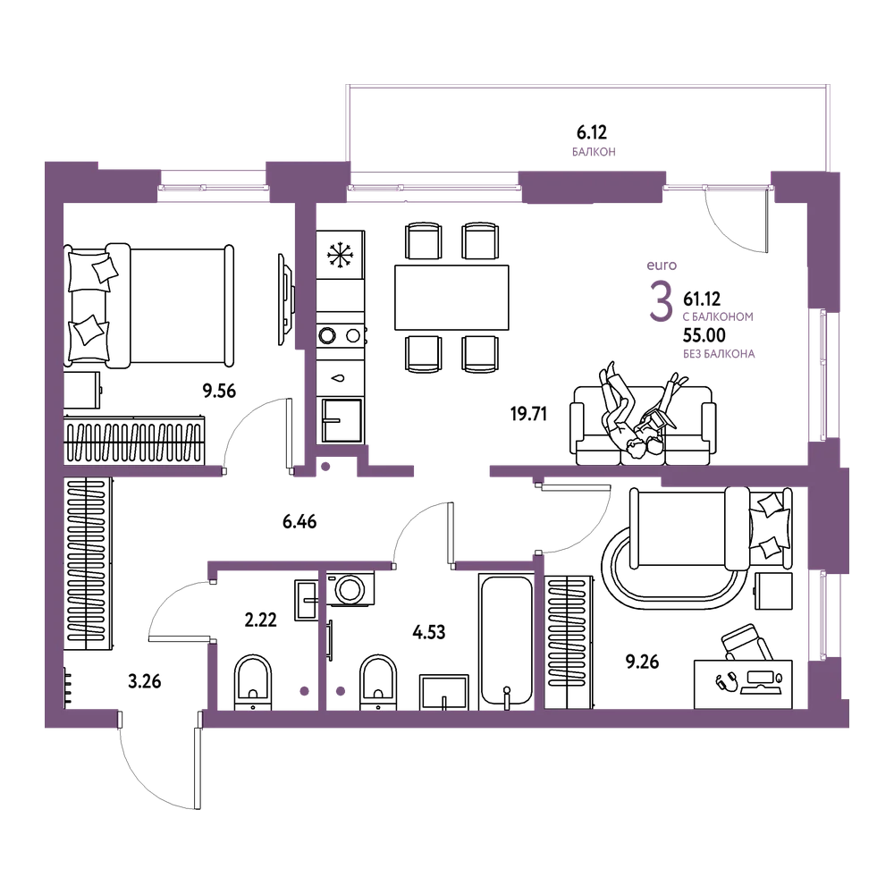 Планировка: Евротрёшка 61,12 м²