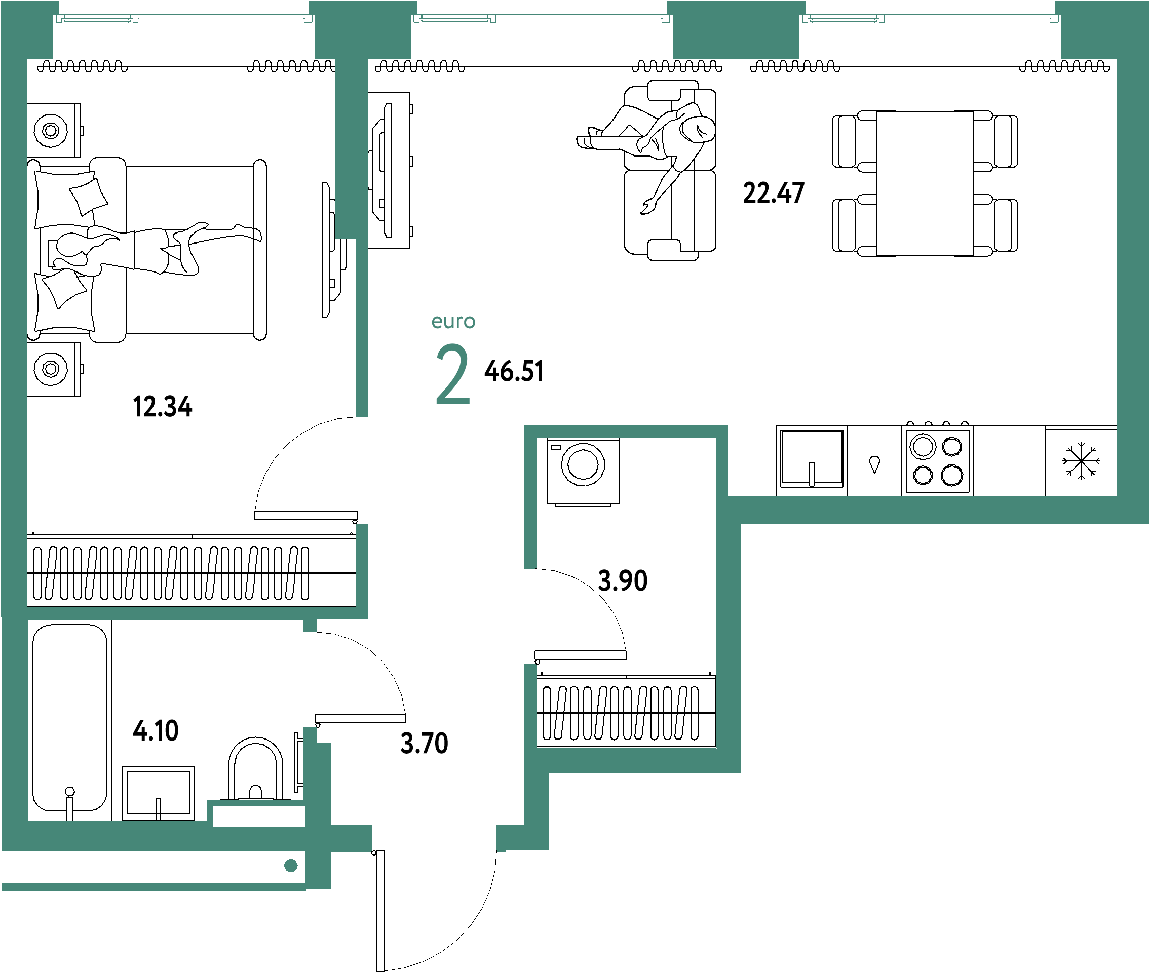 Планировка: Евродвушка 46,51 м² в ЖК «Домашний»