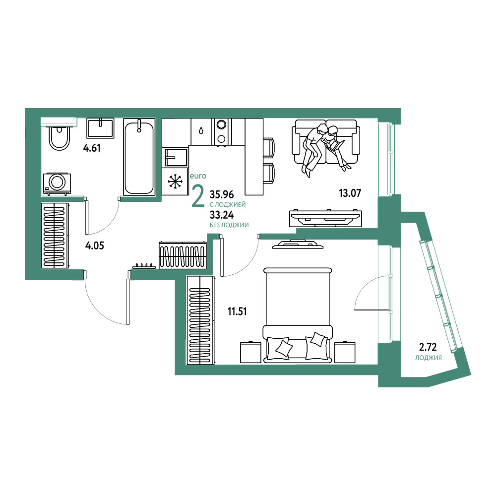 Планировка: Евродвушка 35,93 м²