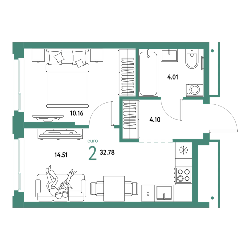 Планировка: Евродвушка 32,78 м²