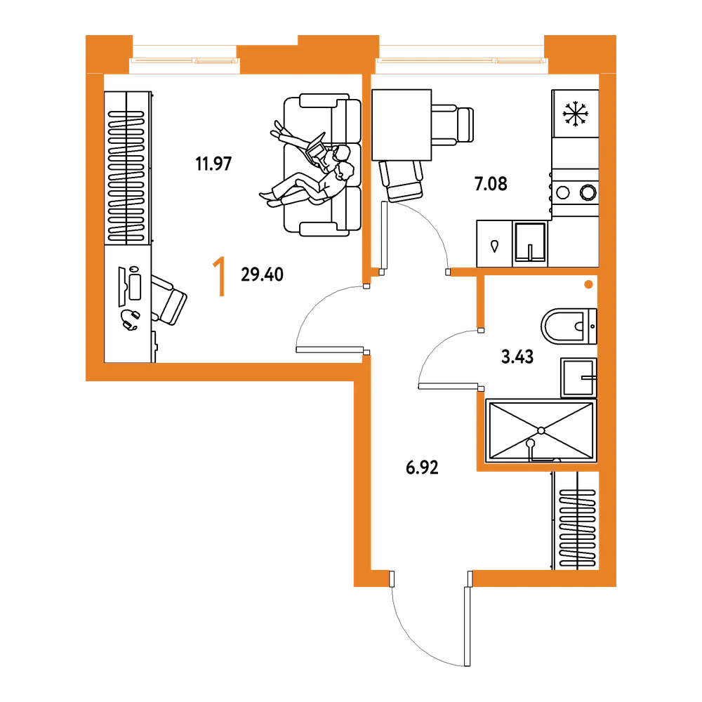 Планировка: 1-комнатная 29,4 м²