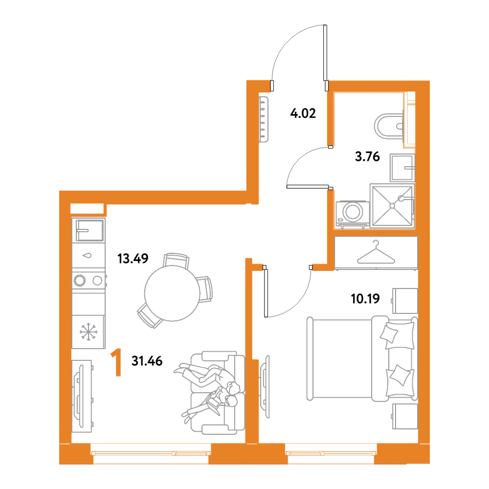 Планировка: 1-комнатная 31,46 м²