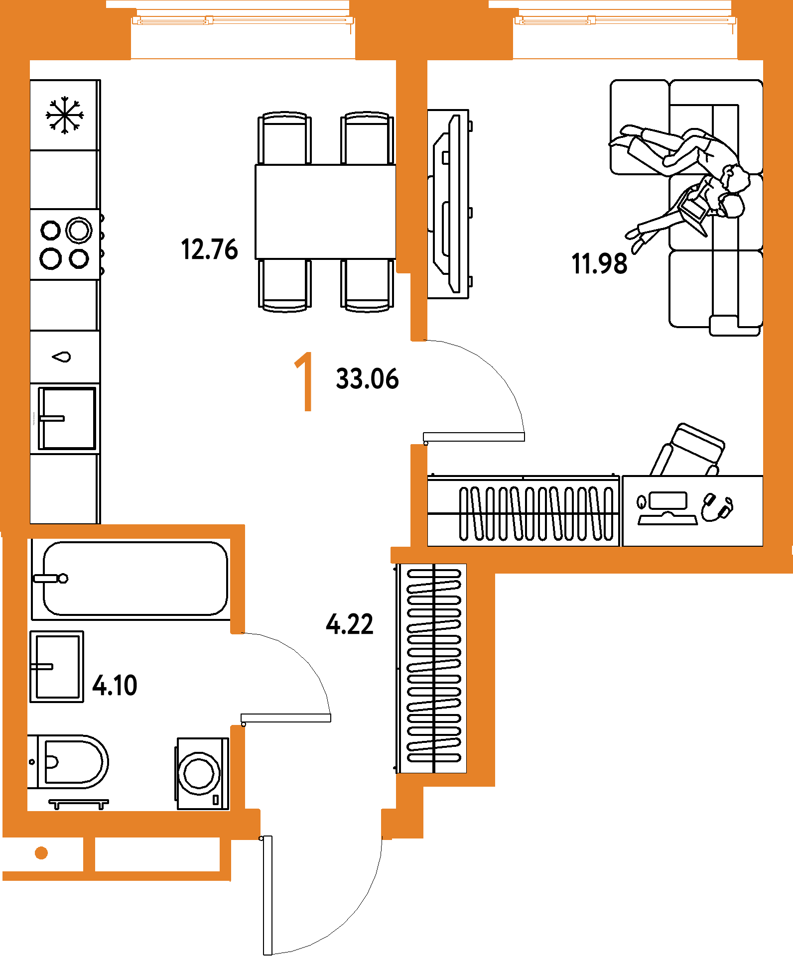 Планировка: 1-комнатная 33,06 м² в ЖК «Домашний»