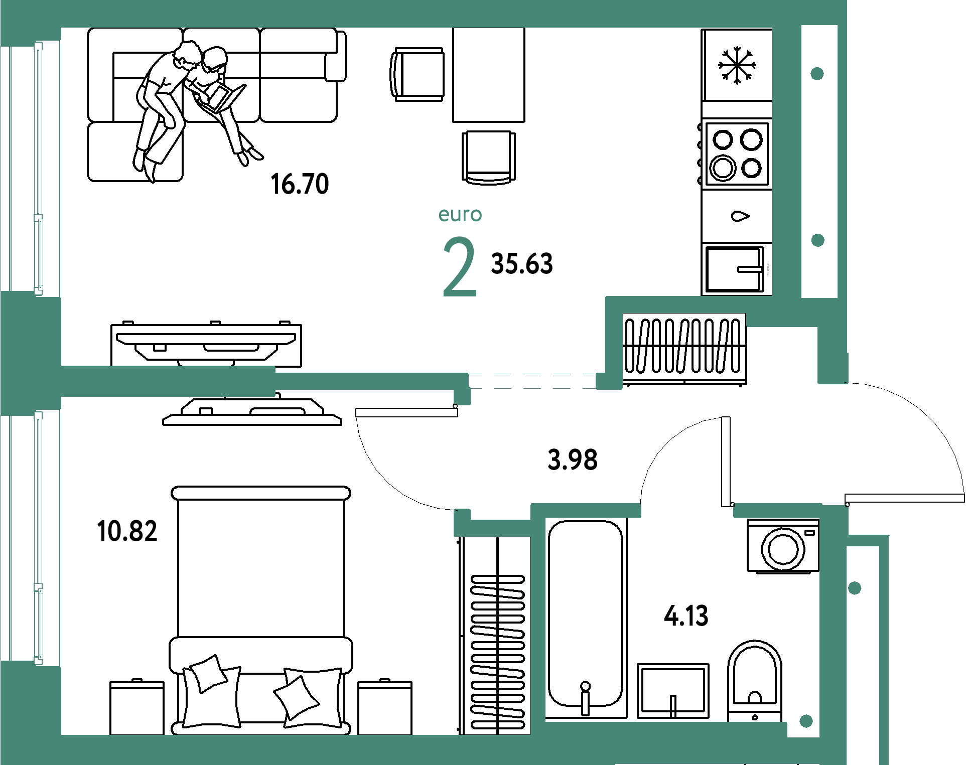 Планировка: Евродвушка 35,63 м² в ЖК «Домашний»