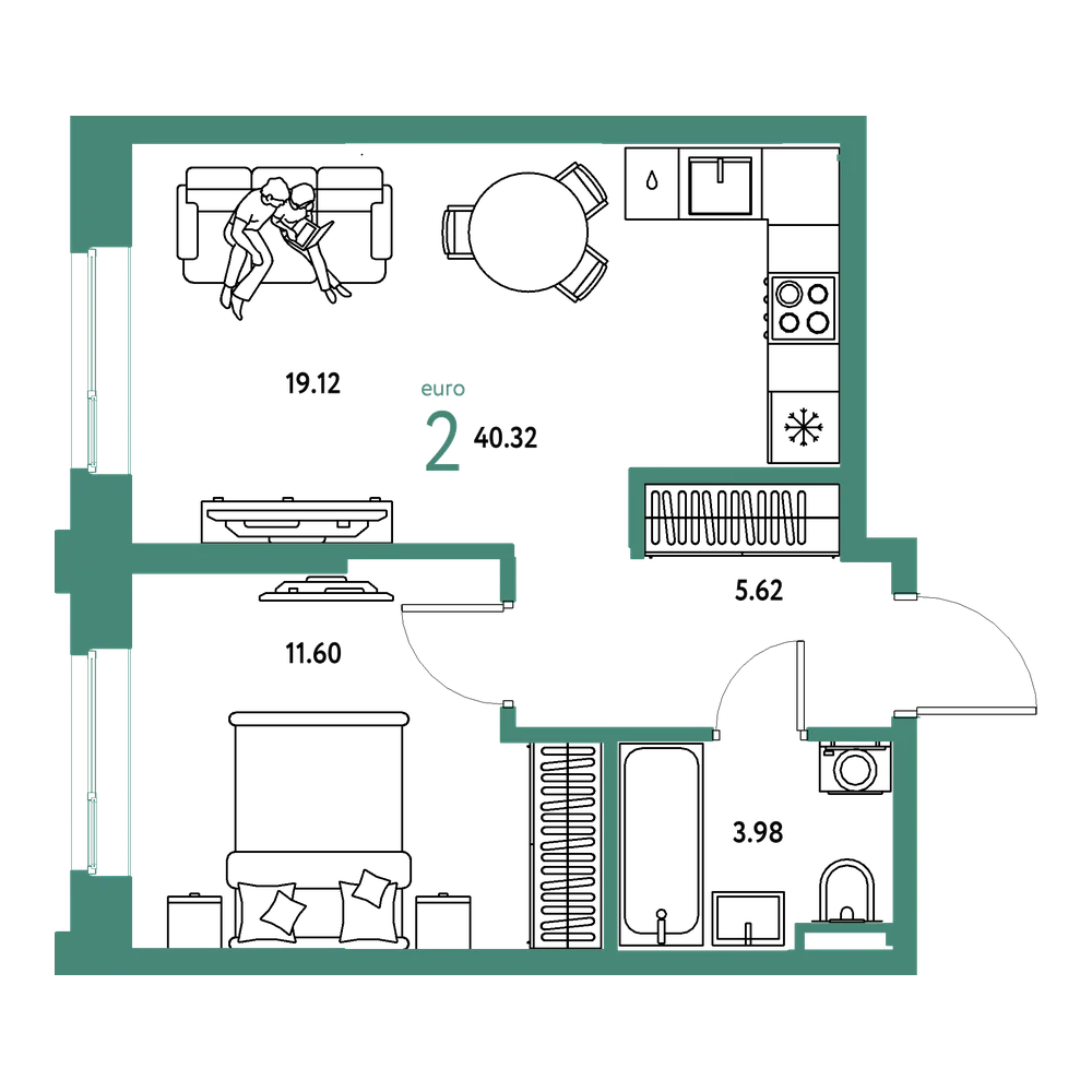 Планировка: Евродвушка 40,51 м²