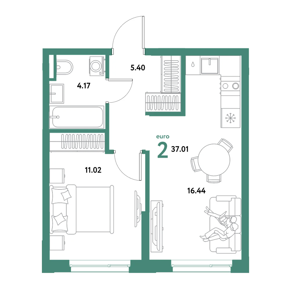 Планировка: Евродвушка 37,01 м²