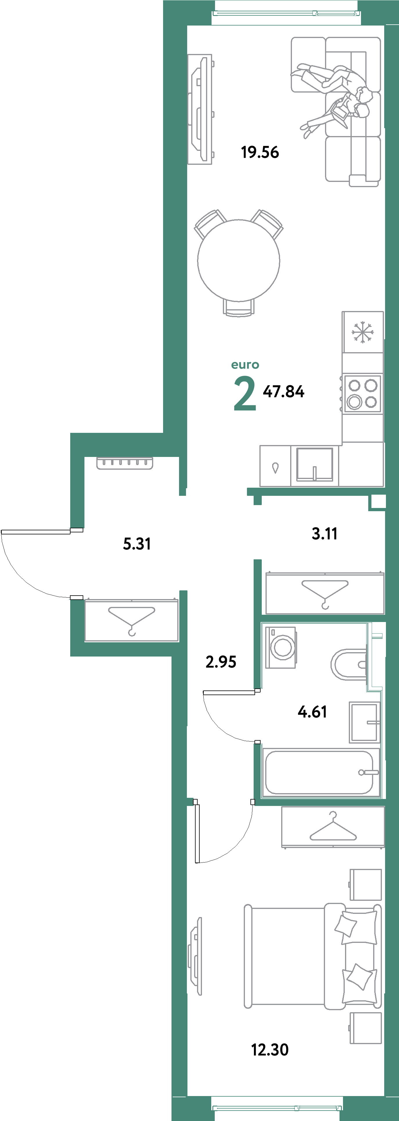 Планировка: Евродвушка 47,84 м² в ЖК «Остров-сад»