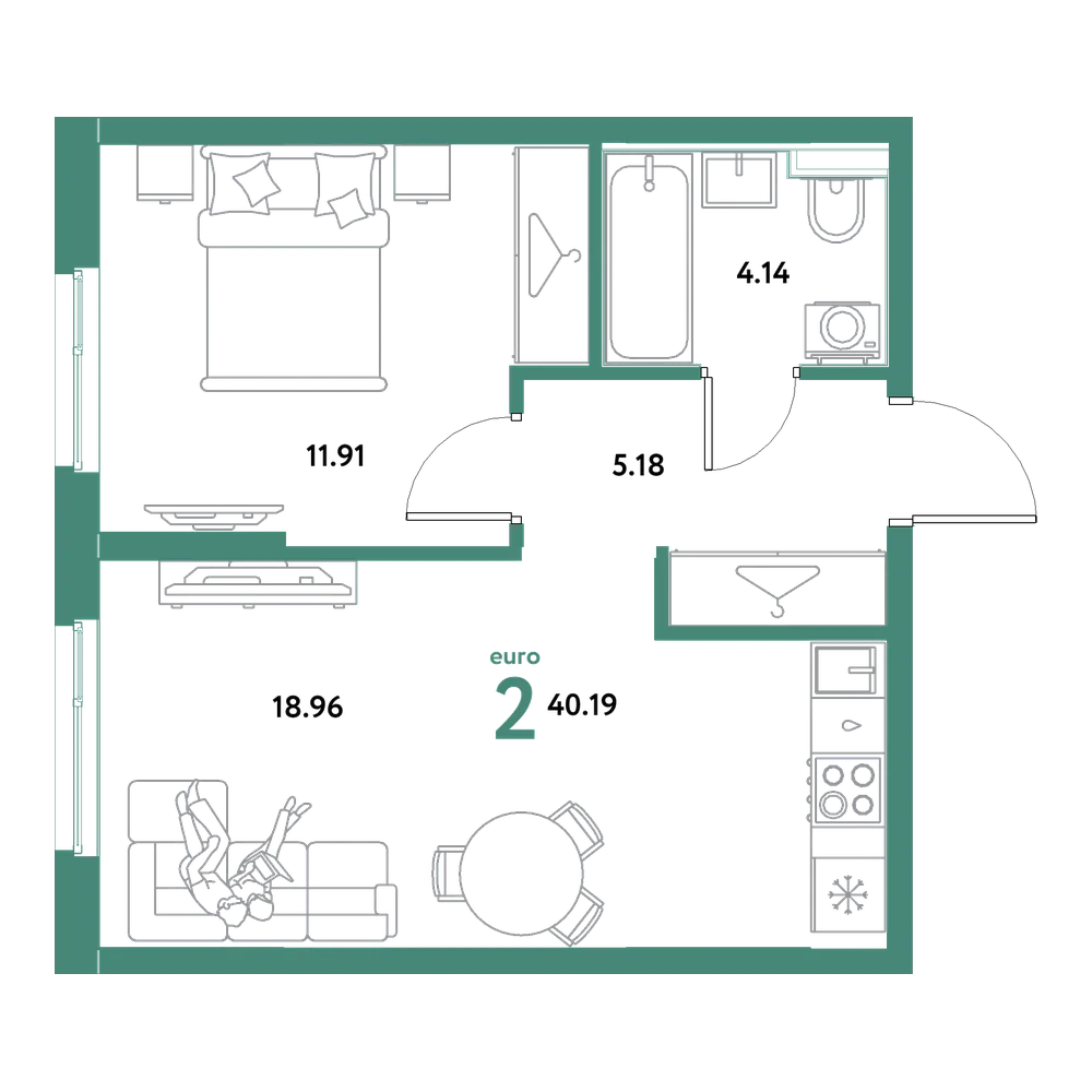 Планировка: Евродвушка 40,19 м²
