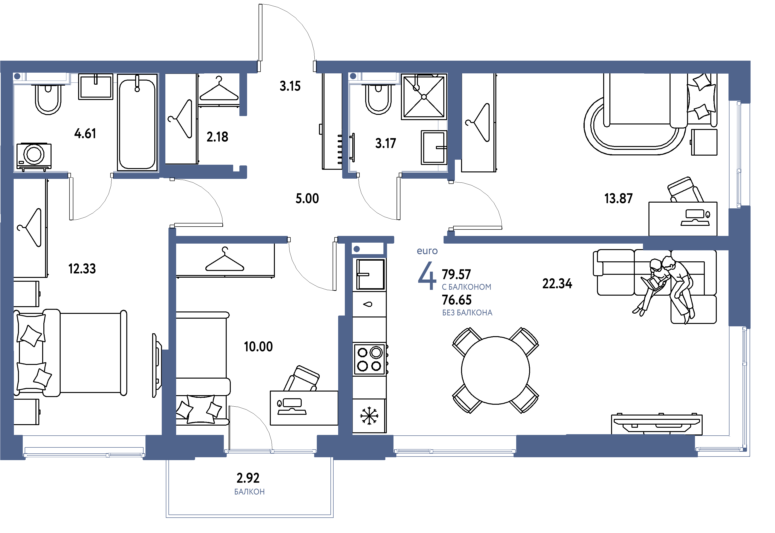 Планировка: Евро-4 79,57 м² в ЖК «Страна.Прибрежная»