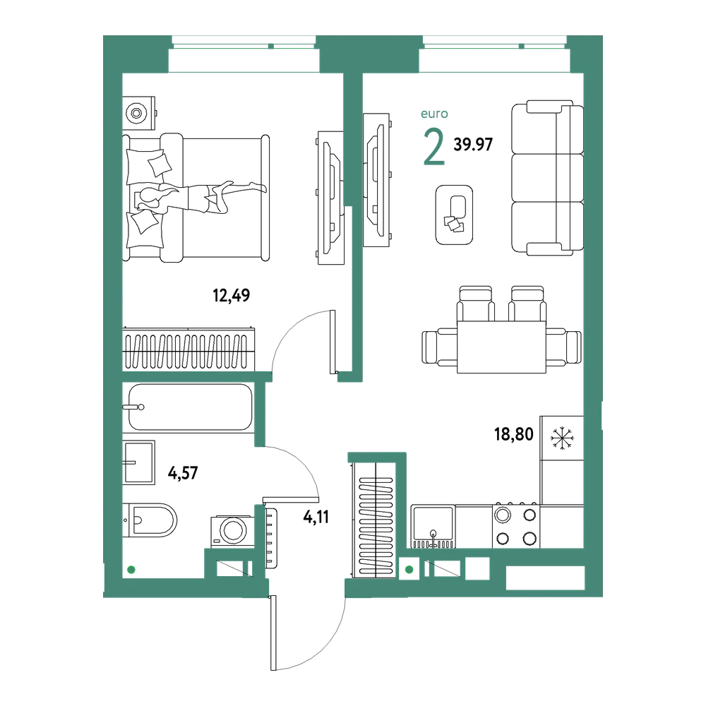 Планировка: Евродвушка 39,97 м²