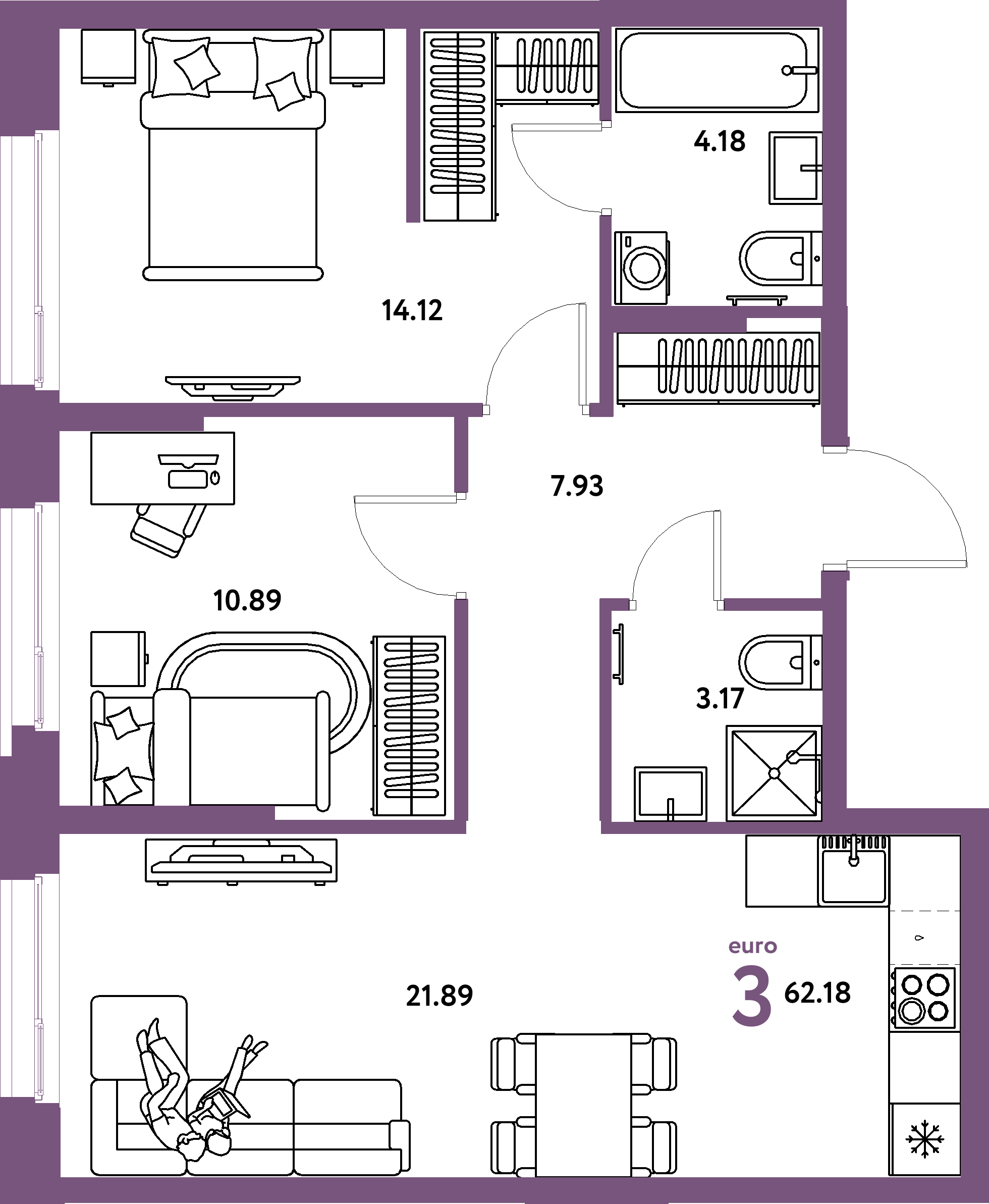 Планировка: Евротрёшка 62,18 м² в ЖК «Европейский берег 2.0»