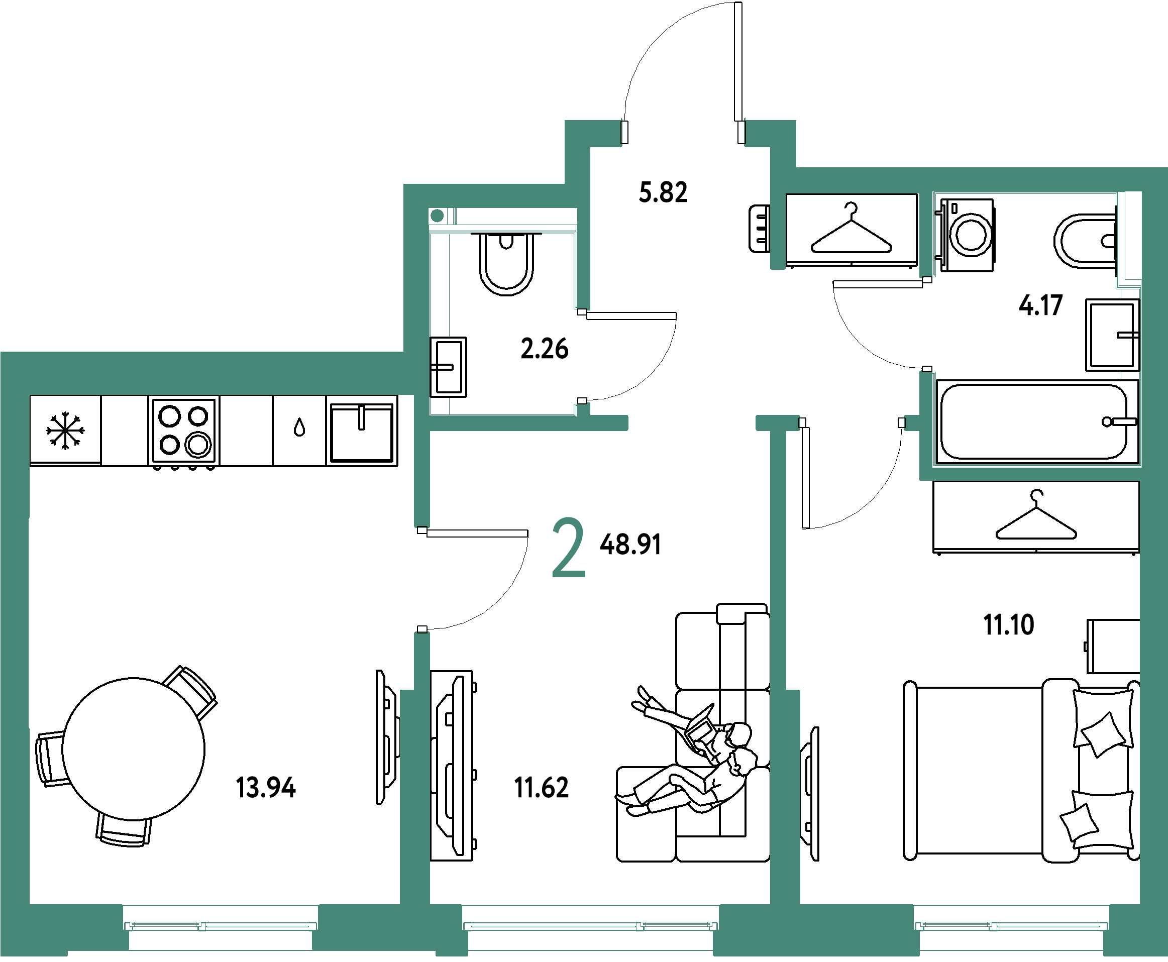 Планировка: 2-комнатная 48,91 м² в ЖК «Страна.Прибрежная»