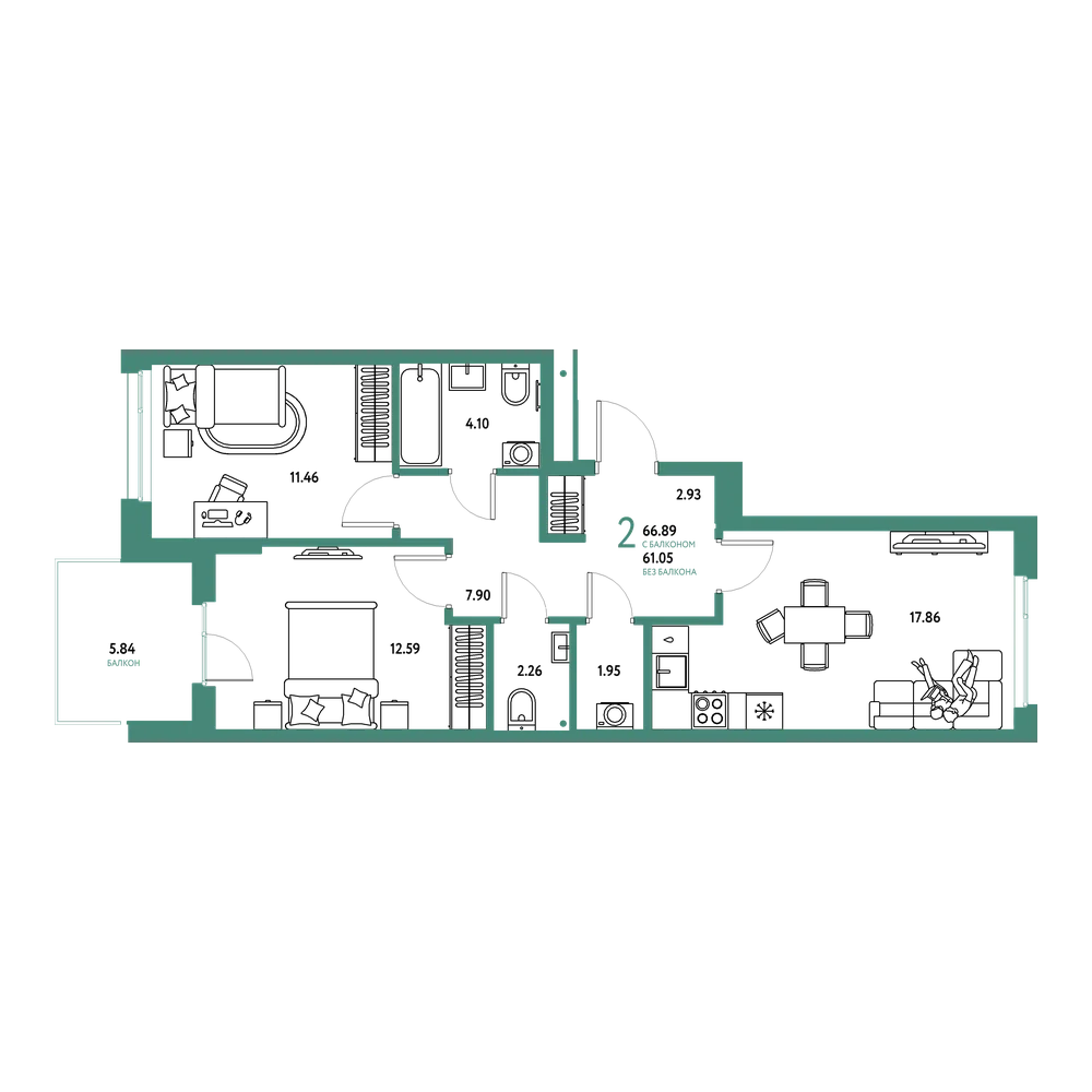 Планировка: 2-комнатная 66,89 м²