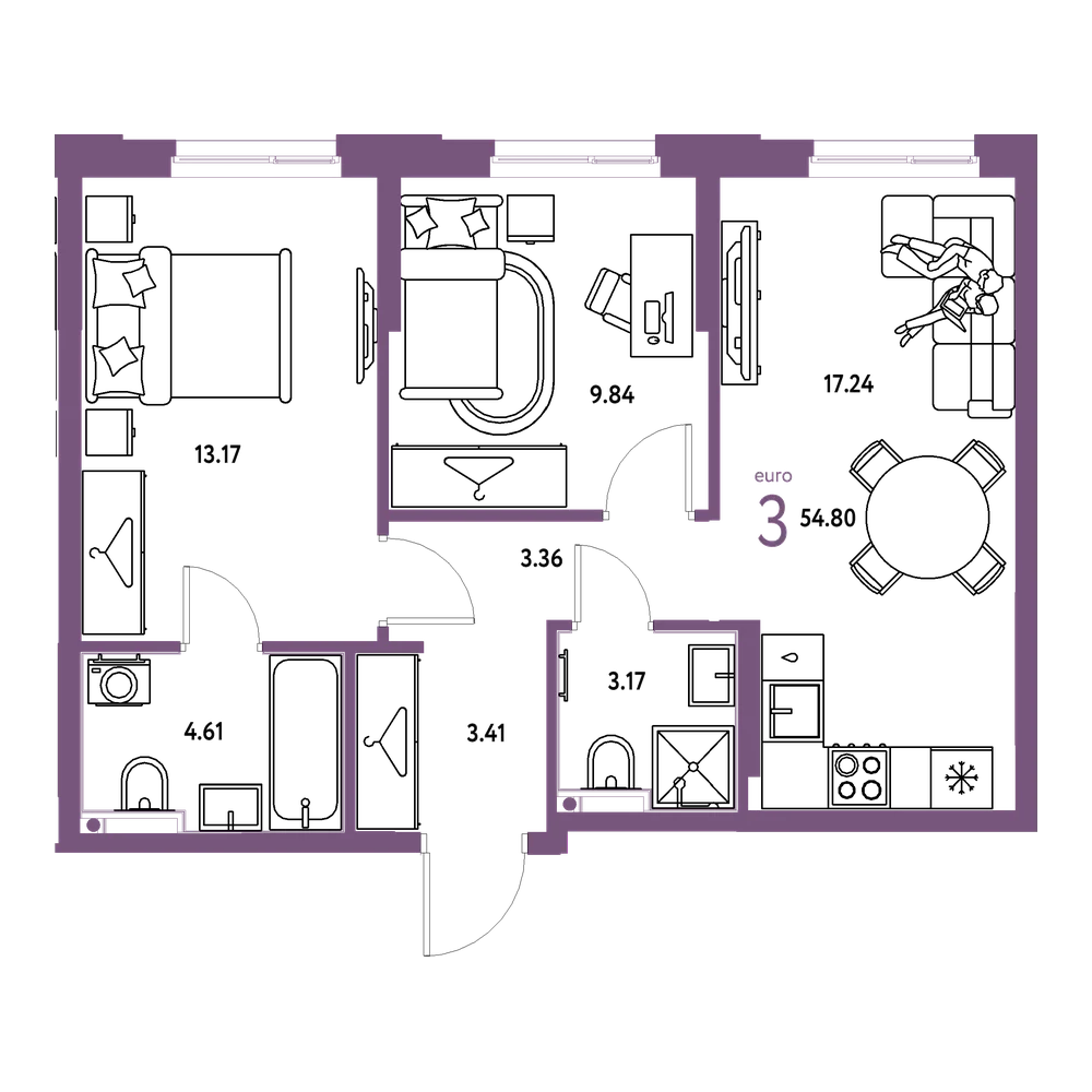 Планировка: Евротрёшка 54,8 м²