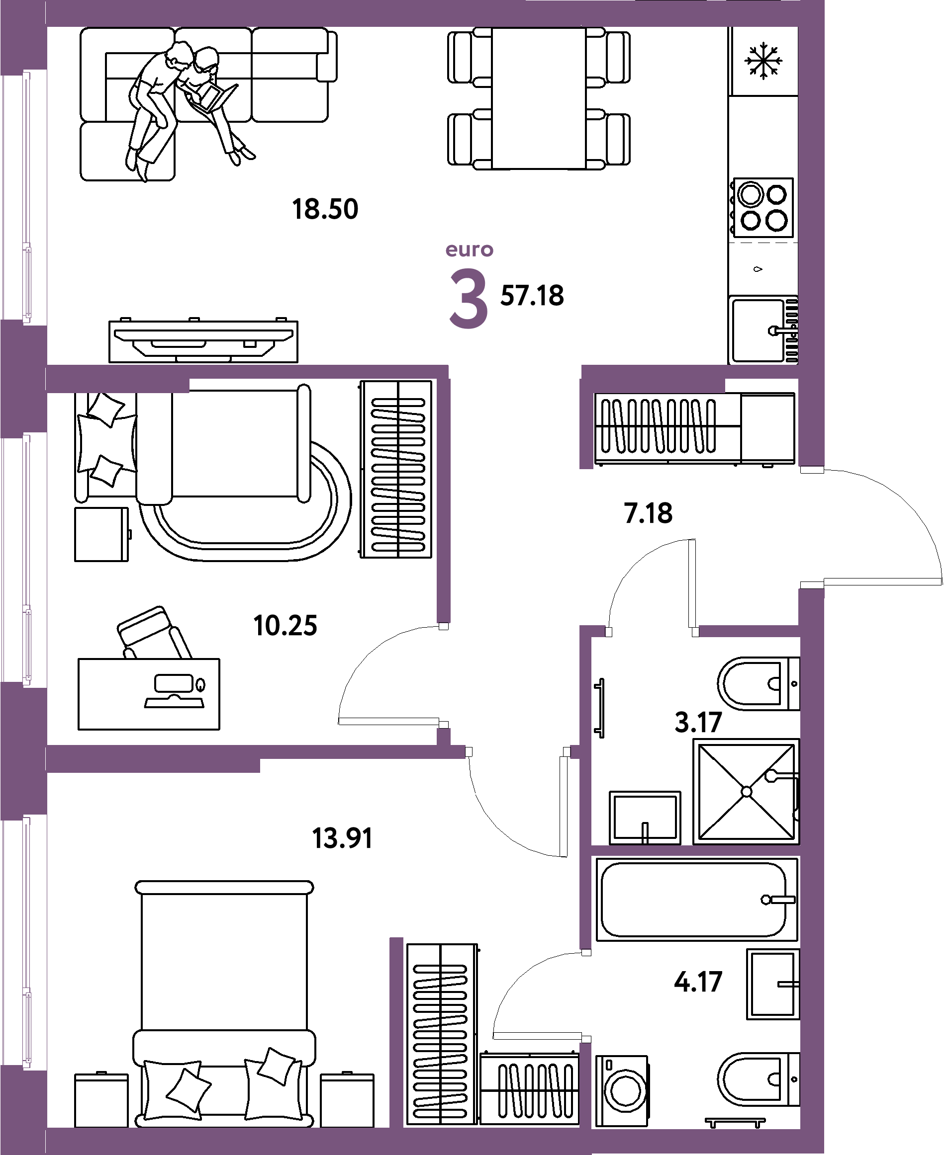 Планировка: Евротрёшка 57,18 м² в ЖК «Европейский берег 2.0»