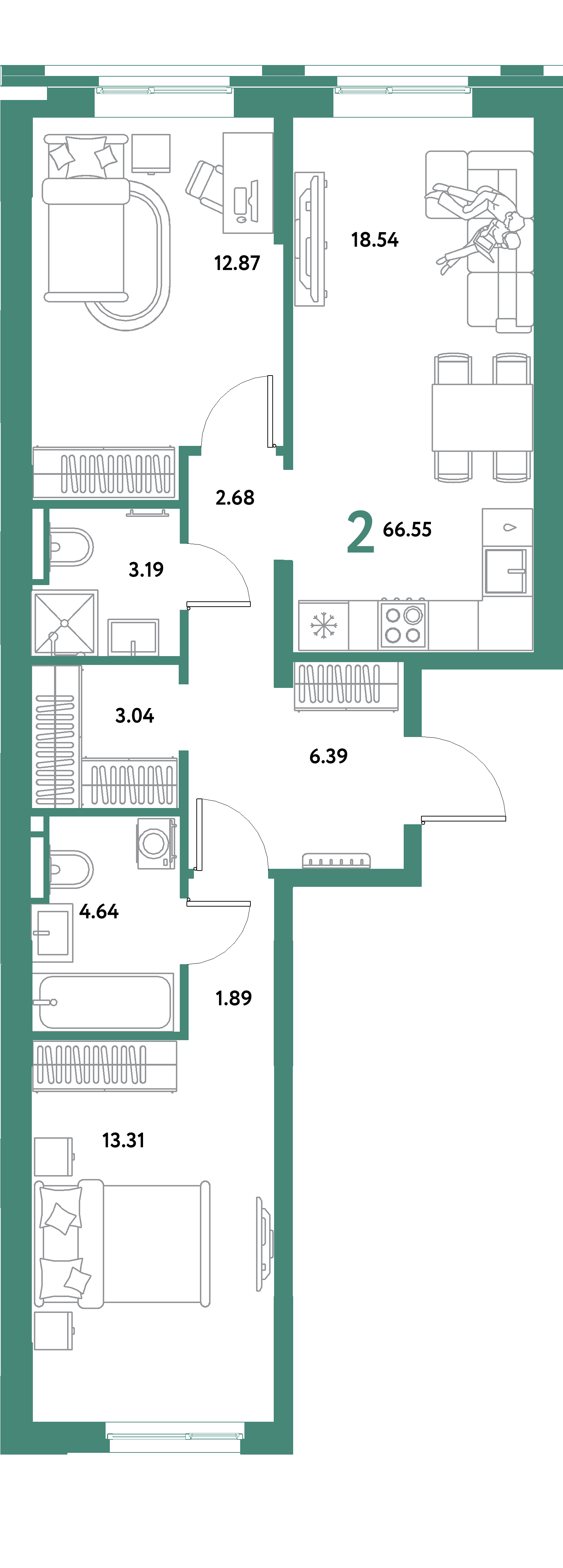 Планировка: Евродвушка 66,55 м² в ЖК «Остров-сад»