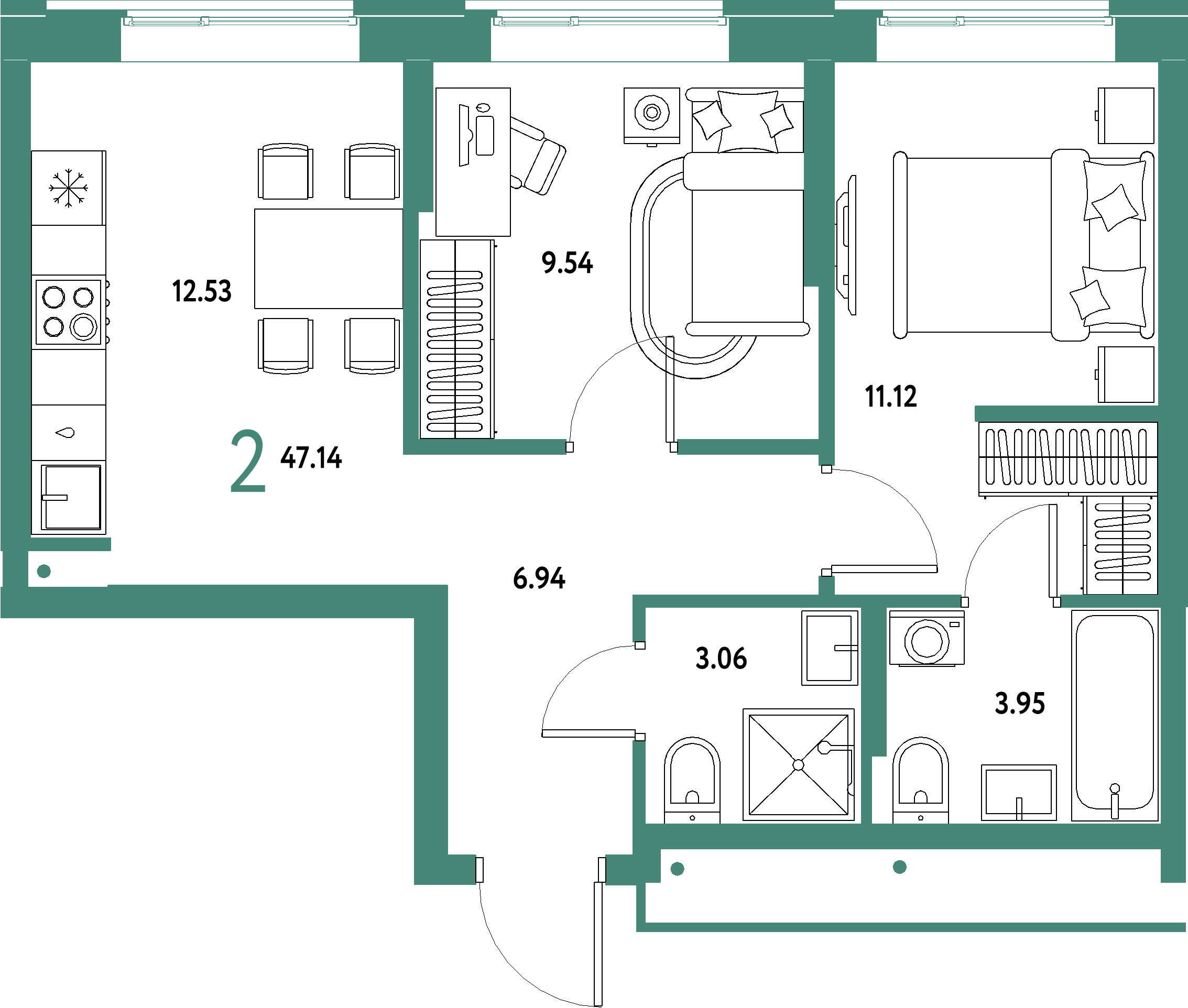 Планировка: 2-комнатная 47,14 м² в ЖК «Домашний»