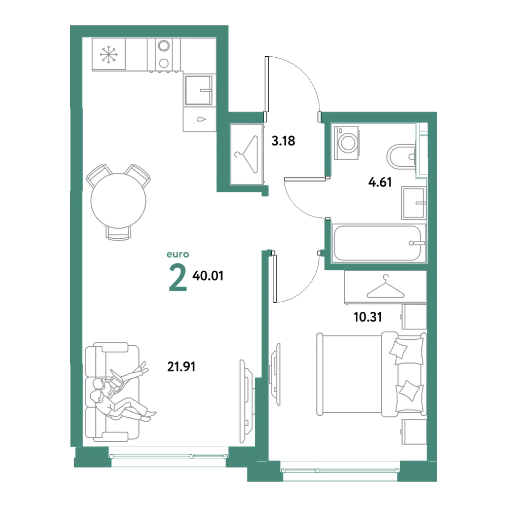 Планировка: Евродвушка 40,01 м²