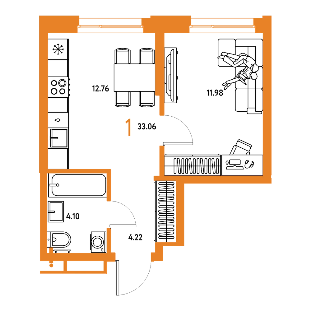 Планировка: 1-комнатная 33,06 м²