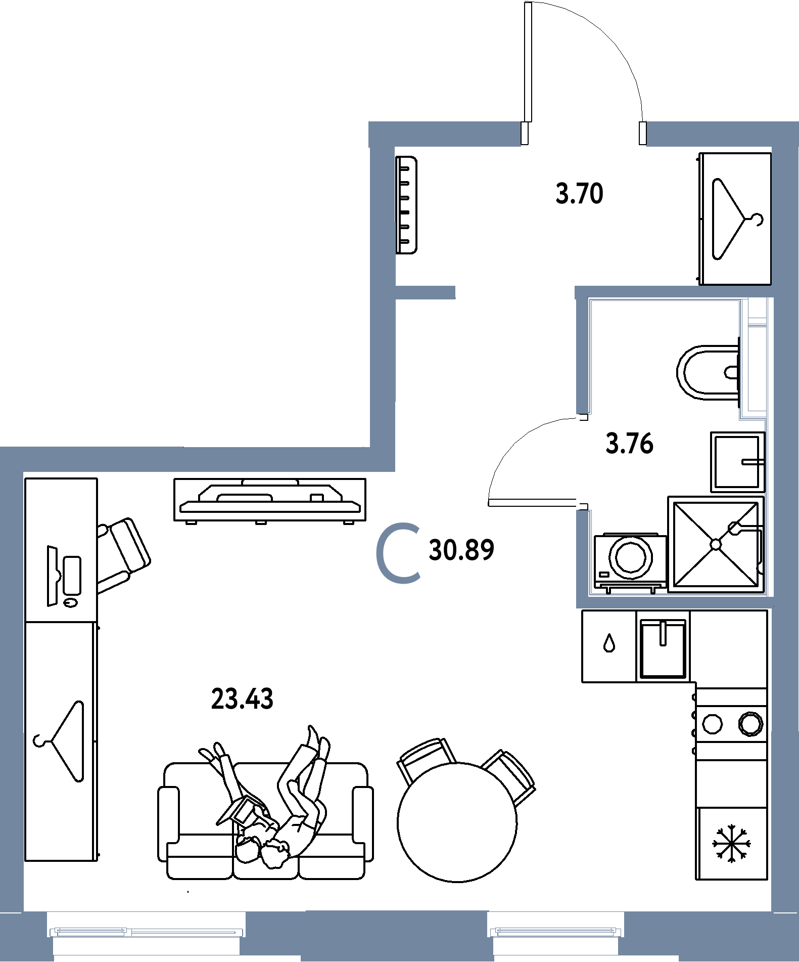 Планировка: Студия 30,89 м² в ЖК «Европейский берег 2.0»