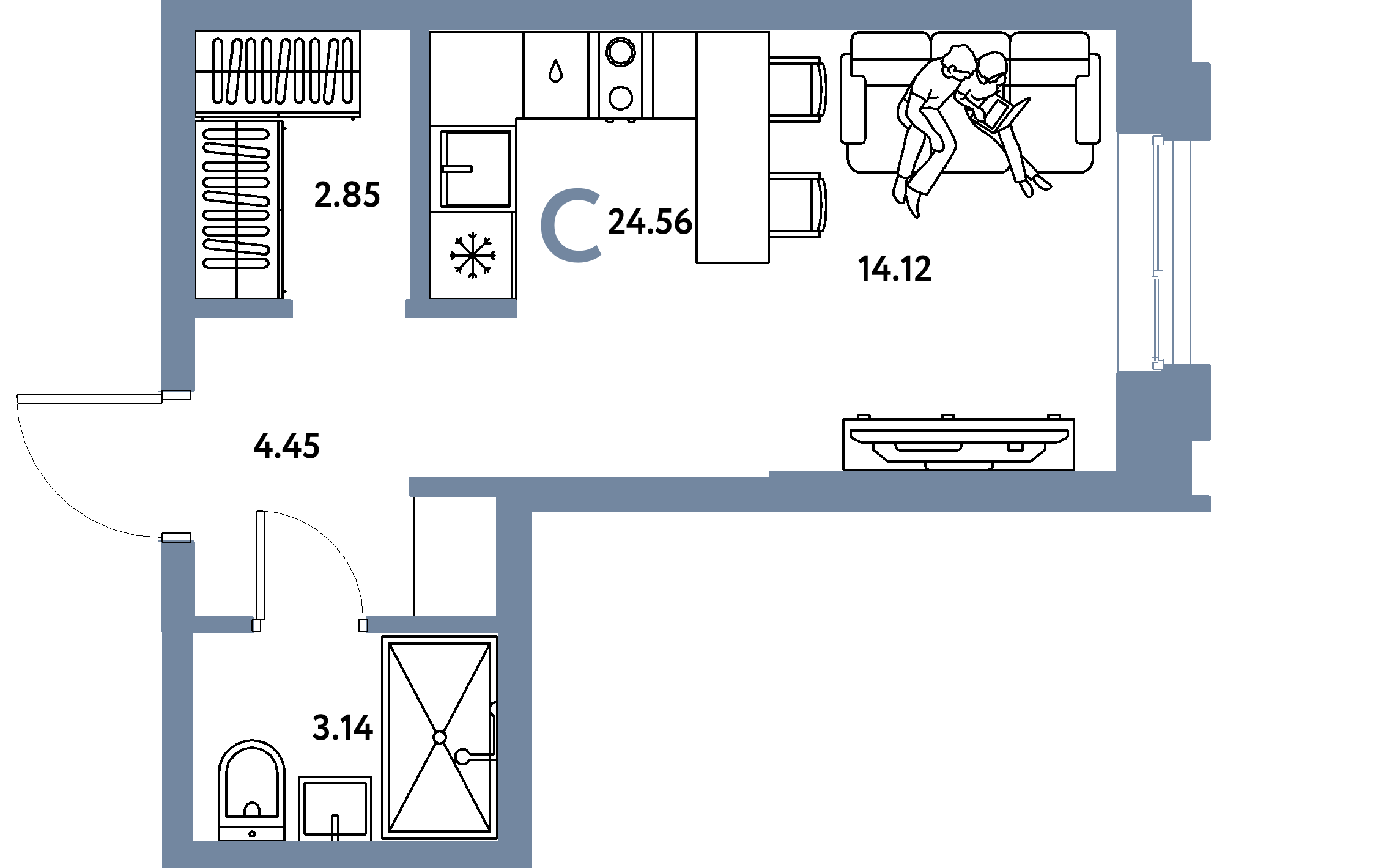 Планировка: Студия 24,56 м² в ЖК «Европейский берег 2.0»