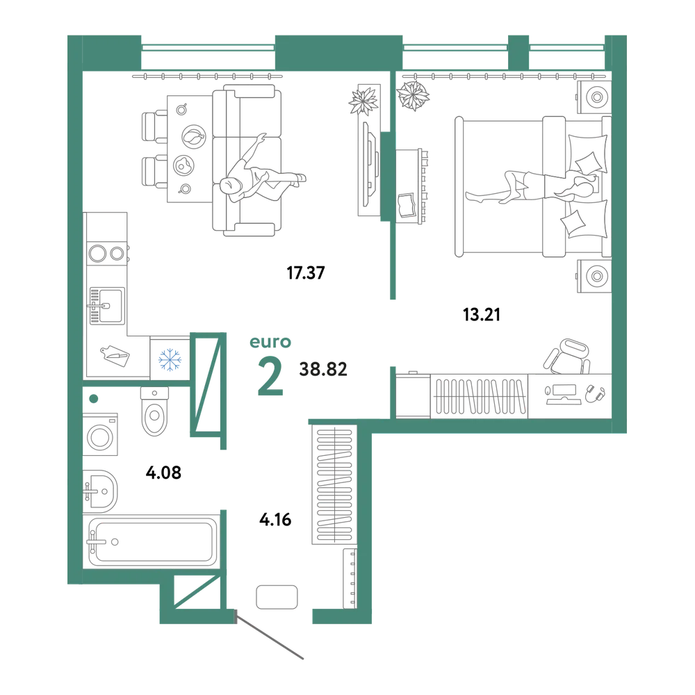 Планировка: Евродвушка 38,82 м²