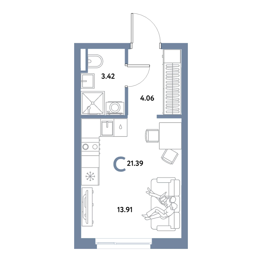 Планировка: Студия 21,39 м²