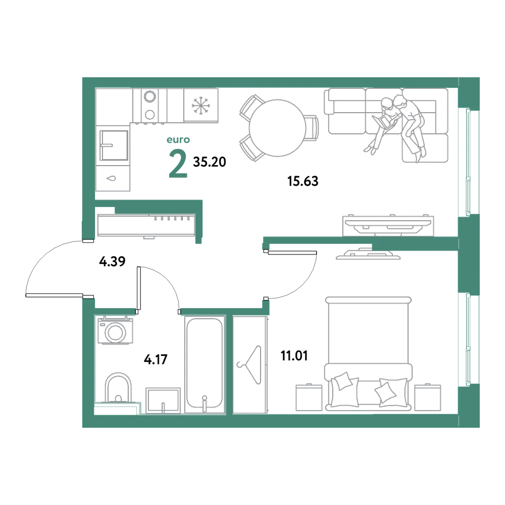 Планировка: Евродвушка 35,2 м²