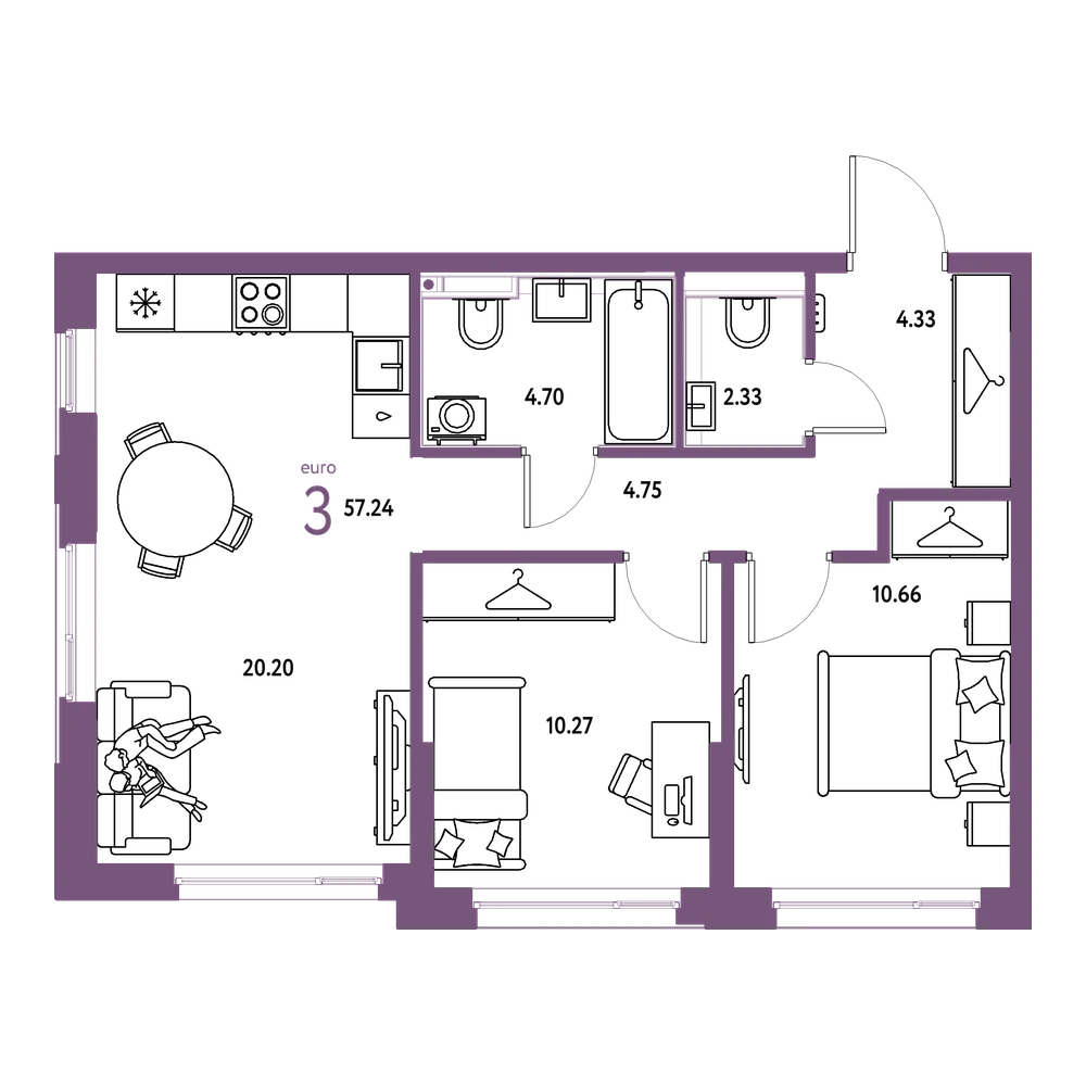 Планировка: Евротрёшка 57,24 м²