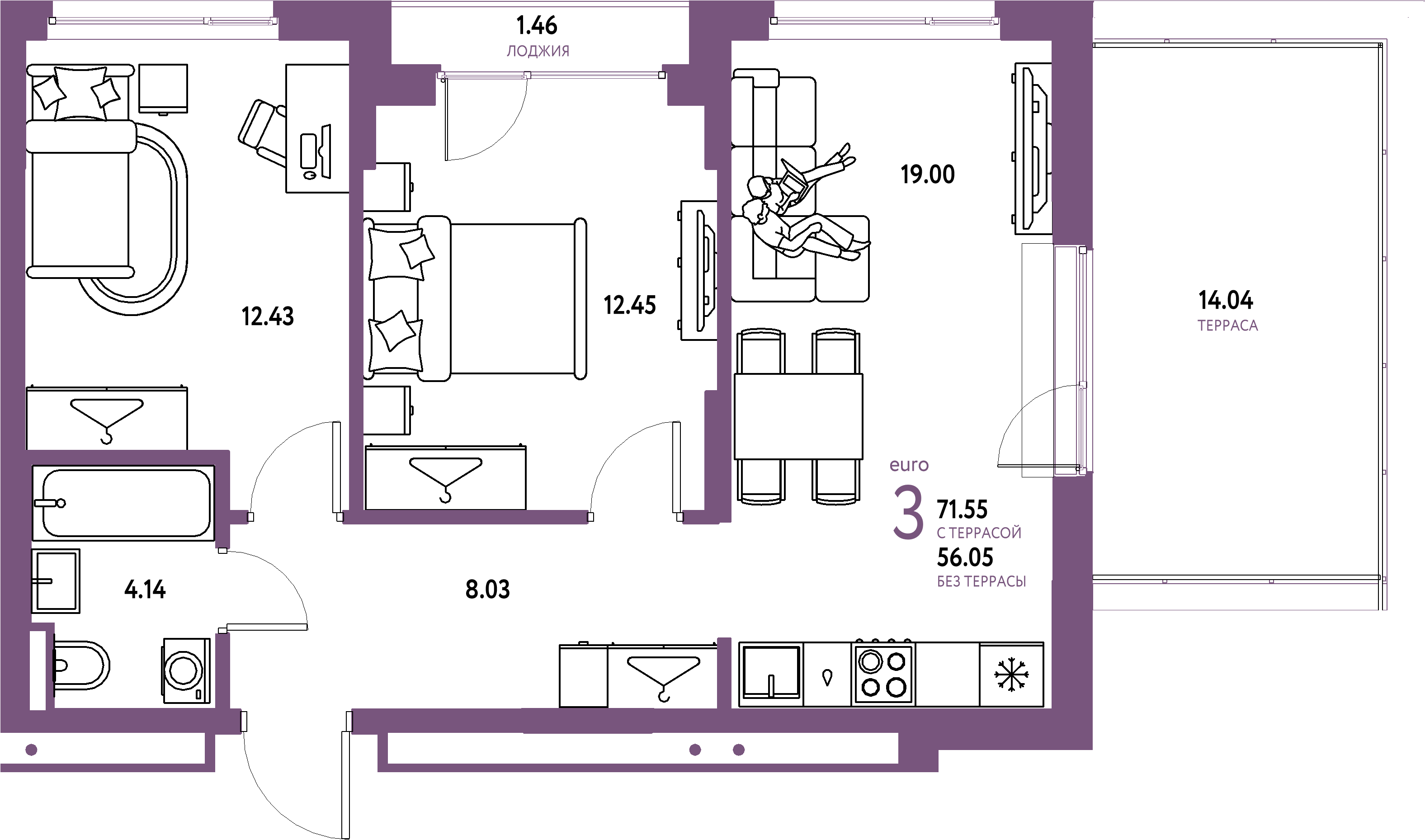 Планировка: Евротрёшка 71,55 м² в ЖК «Страна.Прибрежная»