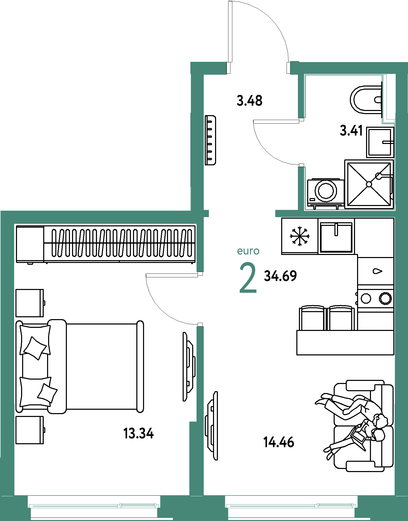 Планировка: Евродвушка 34,69 м² в ЖК «Домашний»