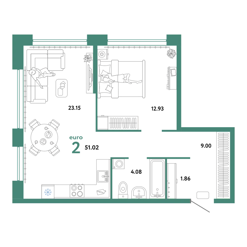 Планировка: Евродвушка 51 м²