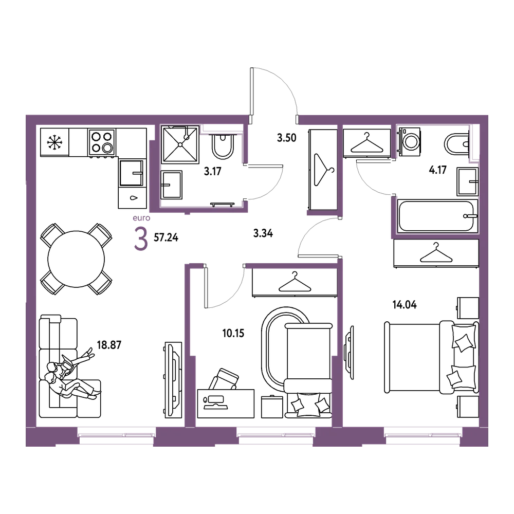 Планировка: Евротрёшка 57,24 м²